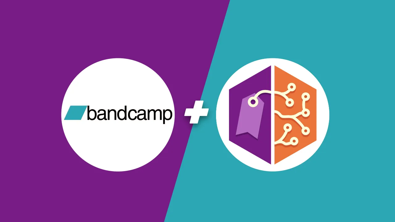 Split in two. Left half shows the bandcamp logo on a purple background; right half shows musicbrainz picard's logo on a blue background. A plus sign is shown in the middle.